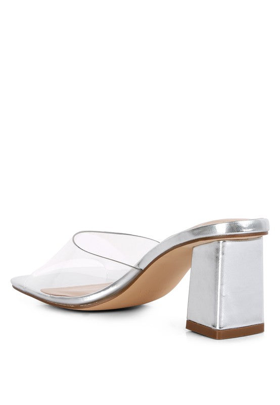 SIlver Heels with Clear Strap Short Heeled Sandals