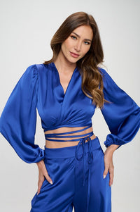 Silky Satin Wrap Crop Top with Tie