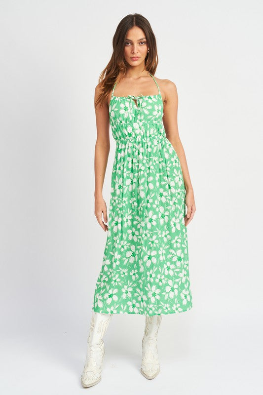Green Floral Backless Midi Summer Dress New Women's Fashion