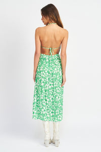 Green Floral Backless Midi Summer Dress New Women's Fashion