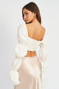 White Long Sleeve Crop Top Women's Sexy Balloon Sleeves Shirt 100% Cotton Premium Luxury KESLEY