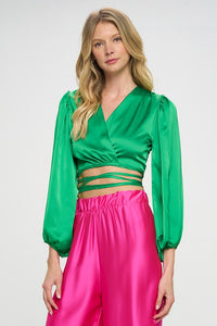 Silky Satin Wrap Crop Top with Tie