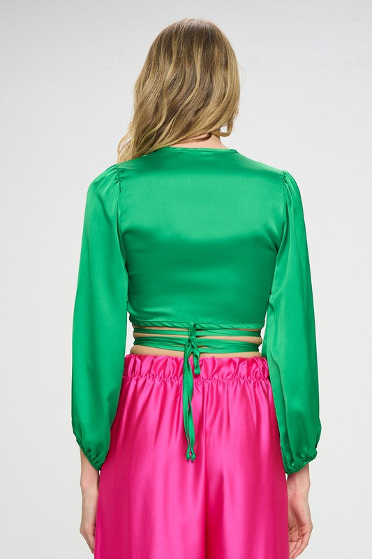 Silky Satin Wrap Crop Top with Tie