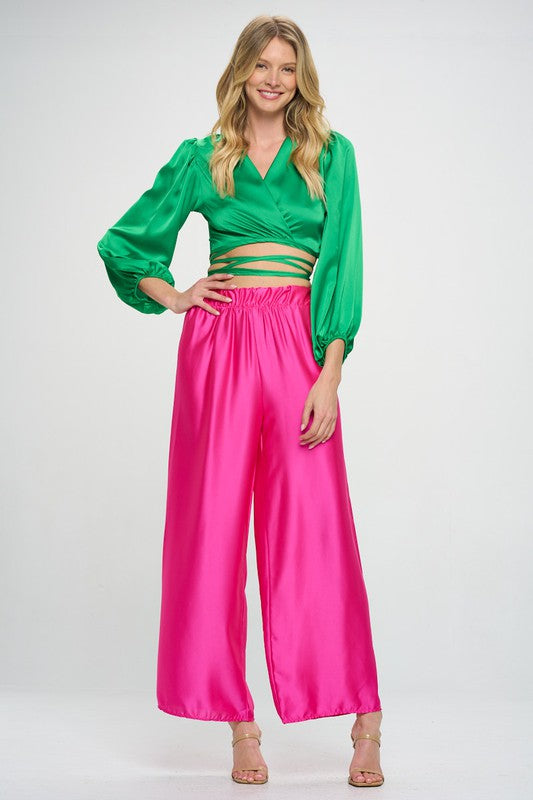 Silky Satin Wrap Crop Top with Tie