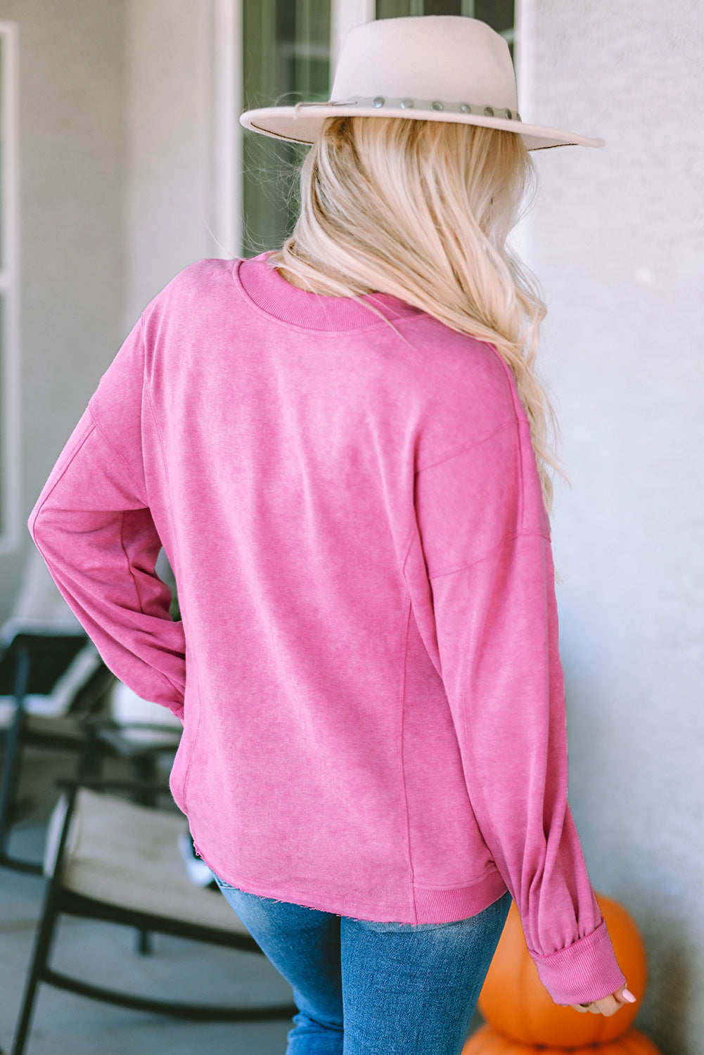 Womens Pink Fashion Sweater Exposed Seam Twist Open Back Oversized Sweatshirt