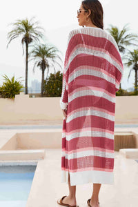 Crochet Kimono Striped Open Front Side Slit Duster Cover Up
