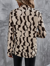 Brown and Black Printed Notched Long Sleeve Blouse New Women's Work Top