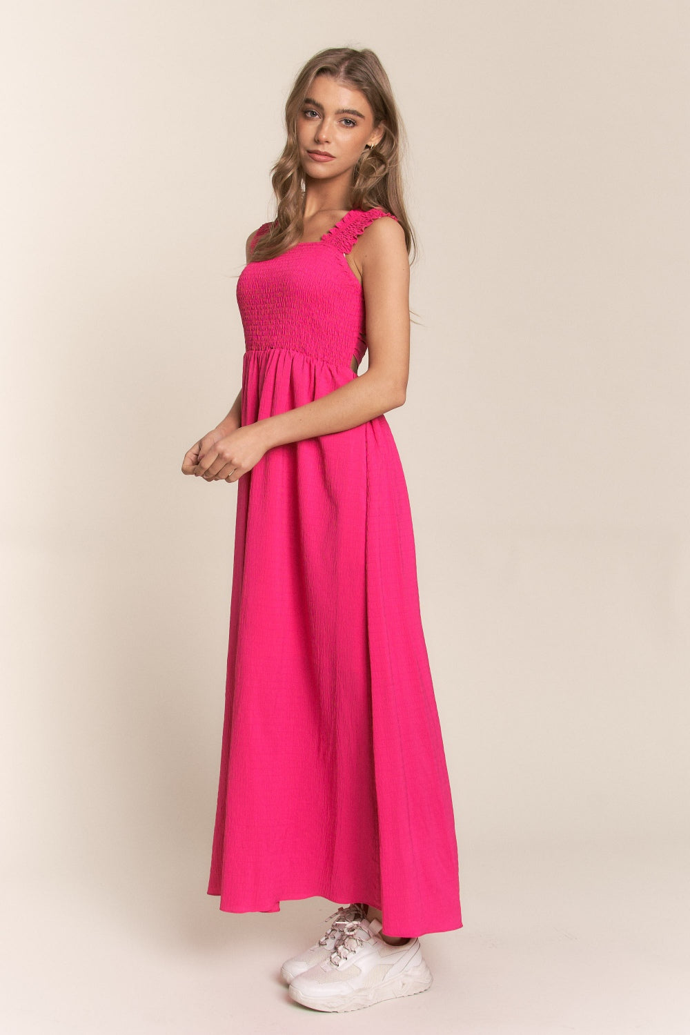 KESLEY Casual Dress Hot Pink Texture Criss Cross Back Tie Smocked Maxi Dress New Women's Fashion