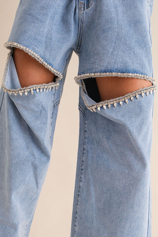 Washed Denim Cut Front Rhinestone Jeans KESLEY Open Front