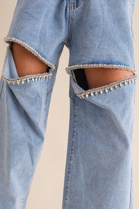 Washed Denim Cut Front Rhinestone Jeans KESLEY Open Front