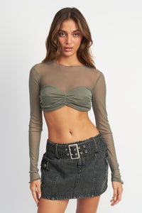 Mesh Long Sleeve Crop Top Women's Sweetheart Round Neckline Cropped T Shirt  Made in USA