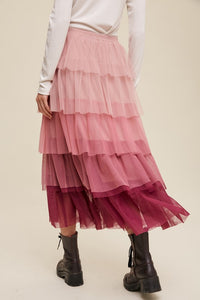 Pink Ruffle Long Skirt New Women's Fashion Gradient Style Tiered Mesh Maxi Skirt KESLEY