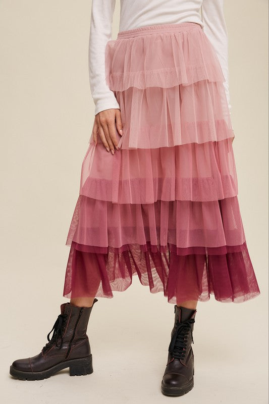 Pink Ruffle Long Skirt New Women's Fashion Gradient Style Tiered Mesh Maxi Skirt KESLEY