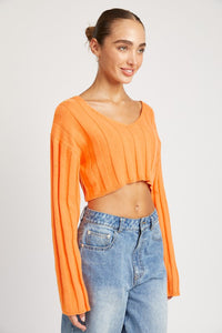 WIDE RIB LONG SLEEVE V NECK TOP Cropped sweater womens Orange Baggy crop top