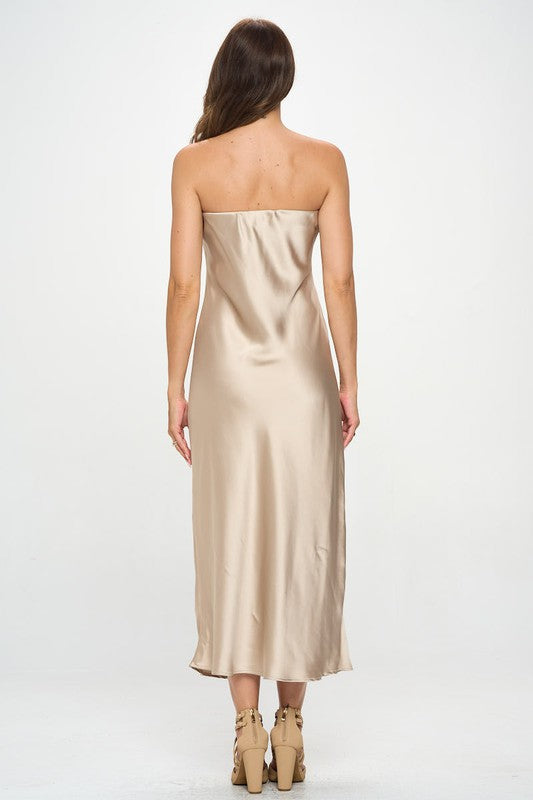 Gold Maxi Dress Silky Satin Tube Draped Dress Made in the USA Formal Long Dress