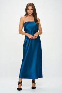 Strapless Dress New Women's Sleeveless Blue Silky Satin Tube Draped Dress Made in the USA KESLEY
