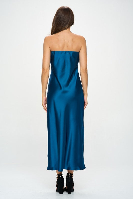 Strapless Dress New Women's Sleeveless Blue Silky Satin Tube Draped Dress Made in the USA KESLEY