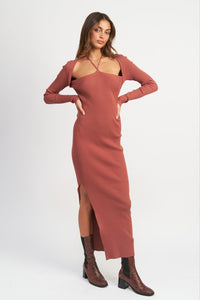 Halter Long Sleeve Sweater Maxi Dress Women's Tight Long Knit Dress Casual