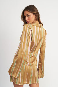 Boho Style Open Satin Shirt Women's Fashion Silky Striped Shirt