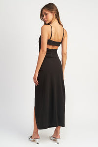 Black Spaghetti Sleeve High Slit Midi Maxi Dress New Women's Fashion Long Tight Dress