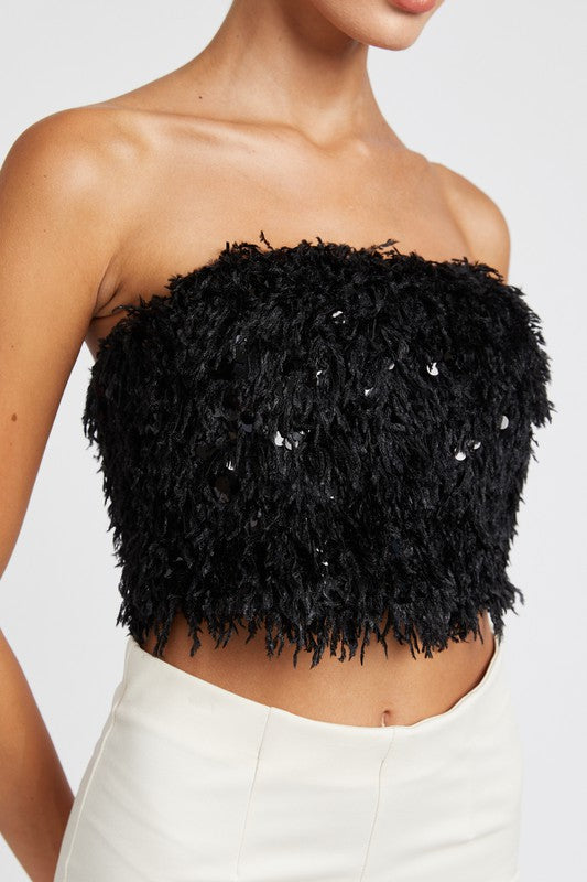 Sequin Sweetheart Crop Top Women's Strapless Party Shirt Faux Fur