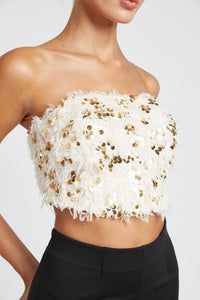 Sequin Sweetheart Crop Top Women's Strapless Party Shirt Faux Fur