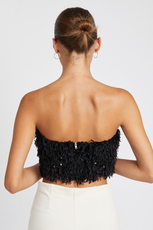 Sequin Sweetheart Crop Top Women's Strapless Party Shirt Faux Fur