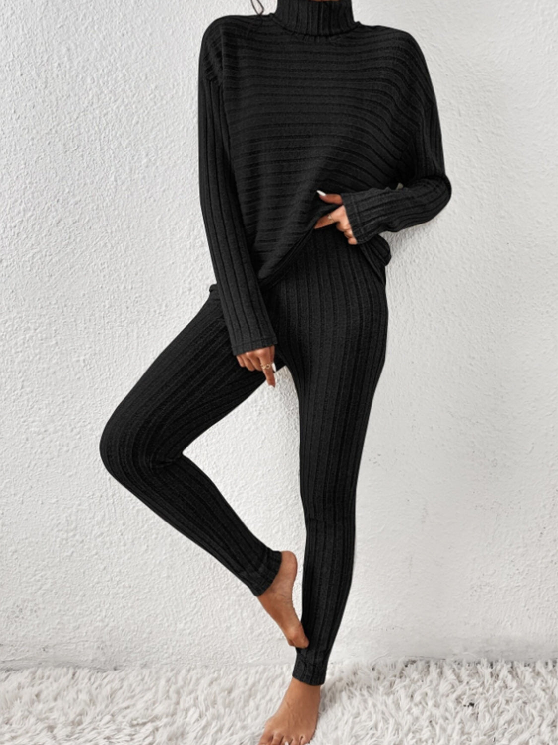 Ribbed Turtleneck Top and Pants Set