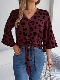 Animal Print Long Sleeve Shirt Women's Casual Tied Button Up Leopard V-Neck Blouse