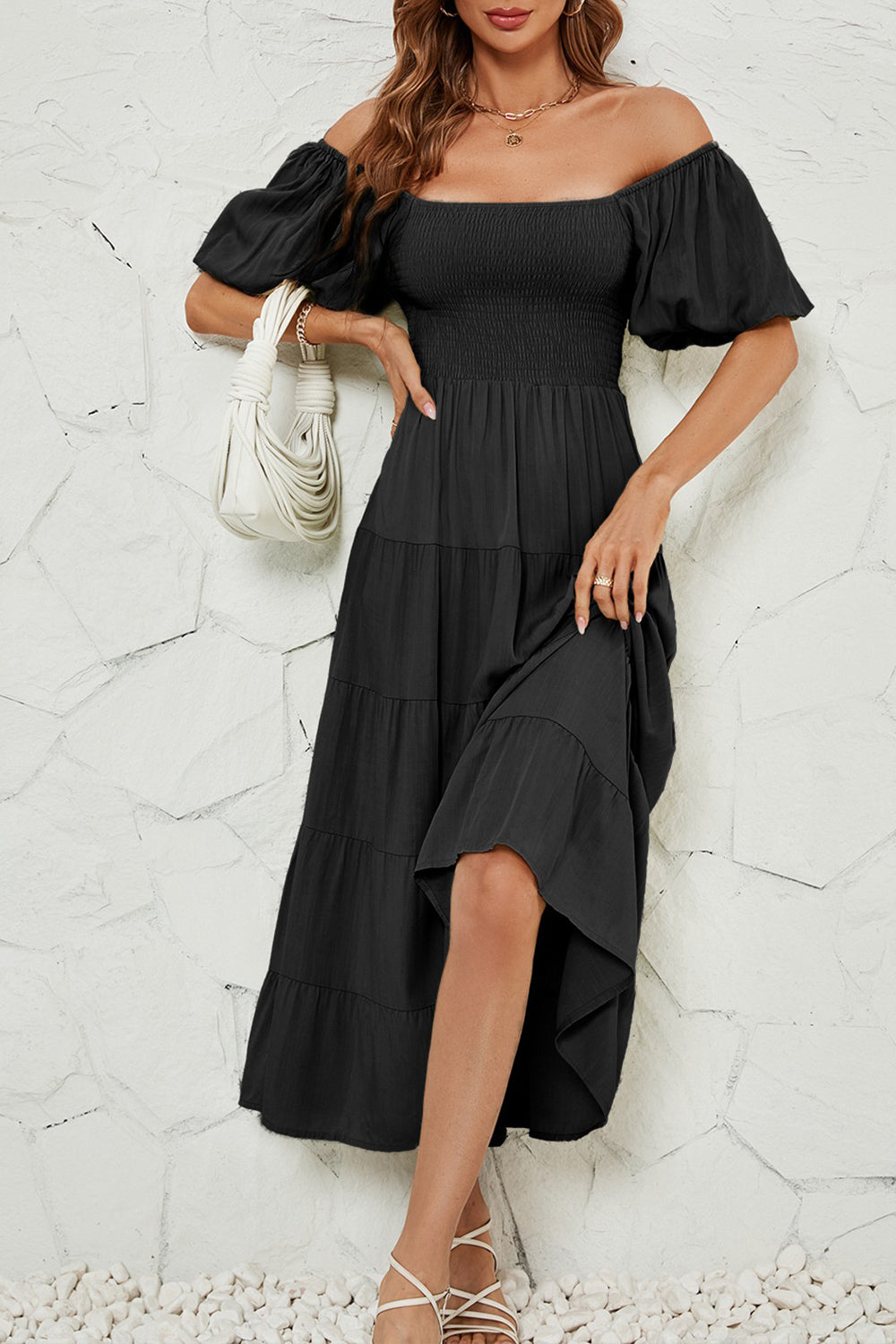 Smocked Square Neck Puff Sleeve Dress