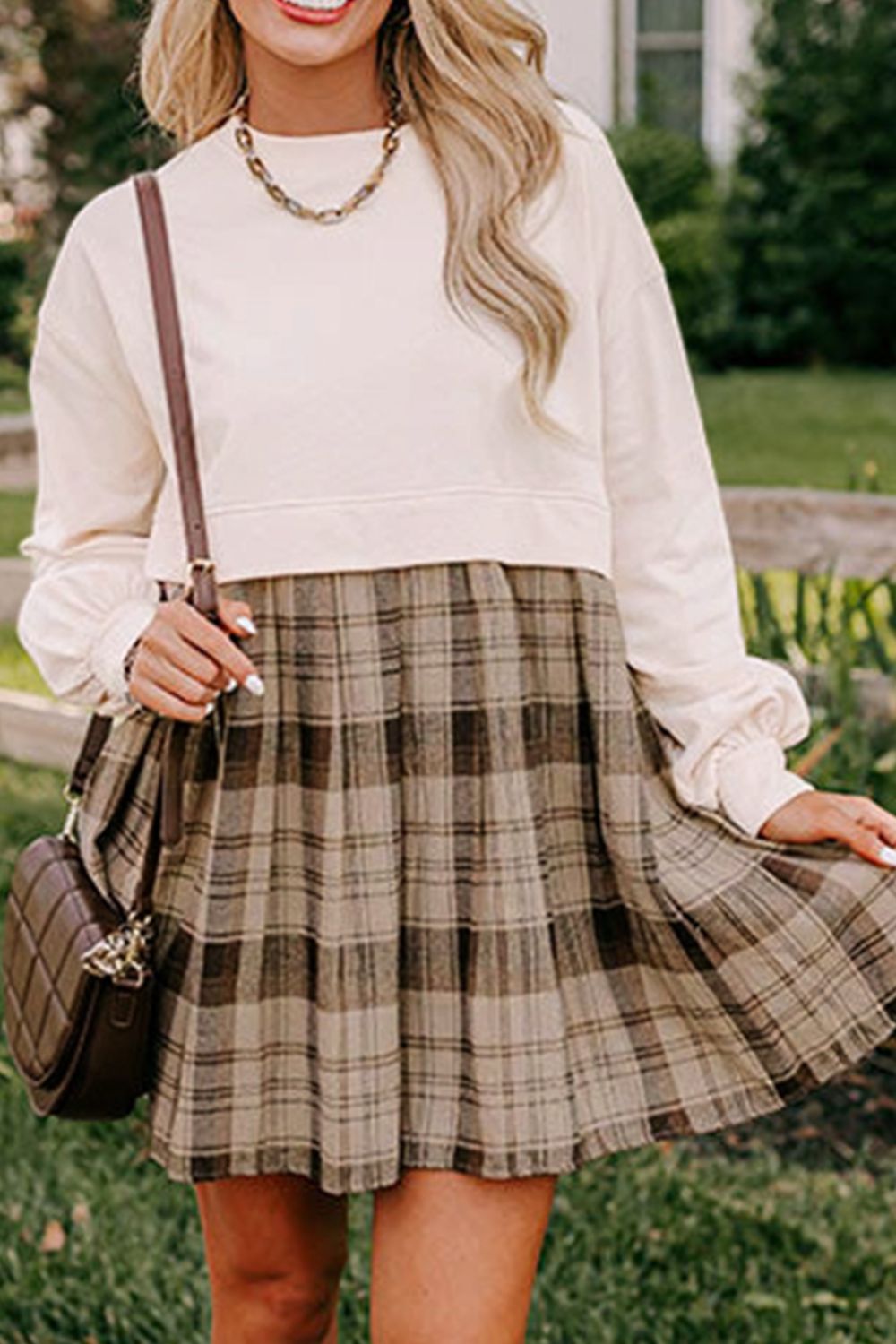 Plaid Round Neck Long Sleeve Mini Dress