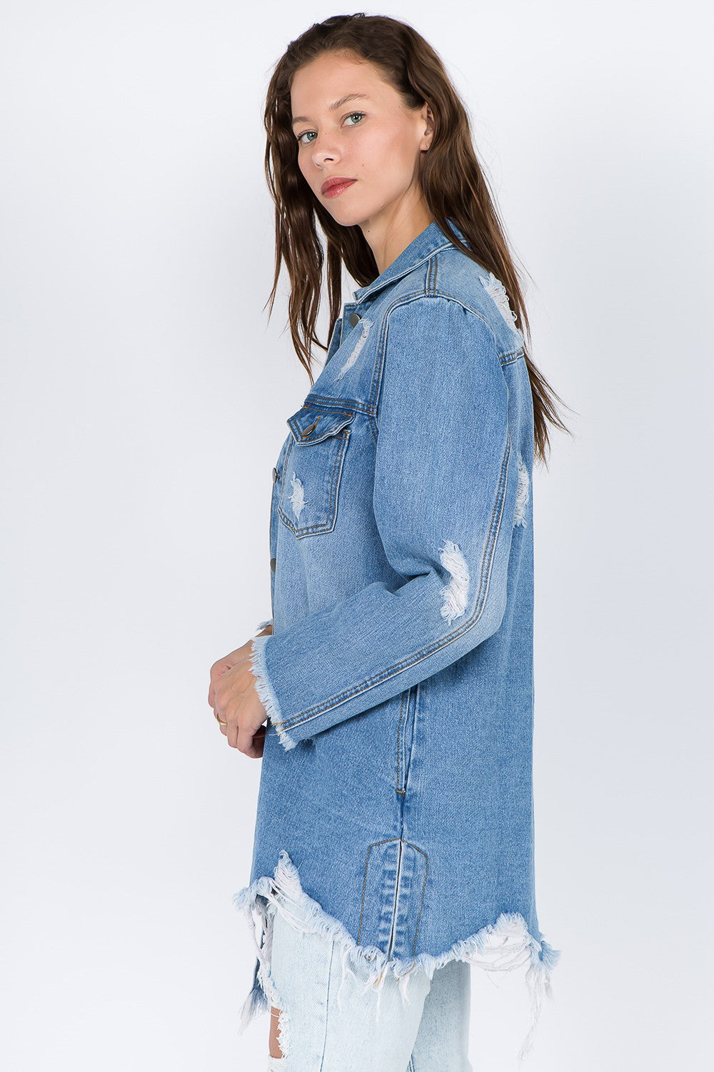 KESLEY 100% Cotton Jean Shirt  Distressed Frayed Hem Denim Jacket