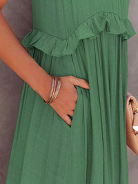 Casual Boho Ruffled Short Sleeveless Maxi Dress with Pockets New Women's Fashion Long Summer Dress