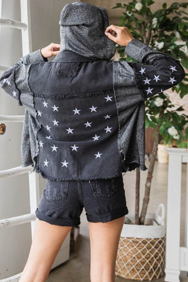 Black Denim Jacket Star Embroidered With Hood 100% Cotton Luxury Women’s Outerwear