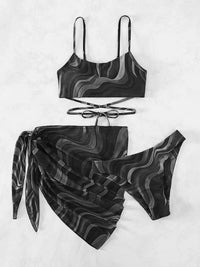 Two Piece Swimsuit Set Criss Cross Tied Printed with Cover Up Skirt Three-Piece Swim Set