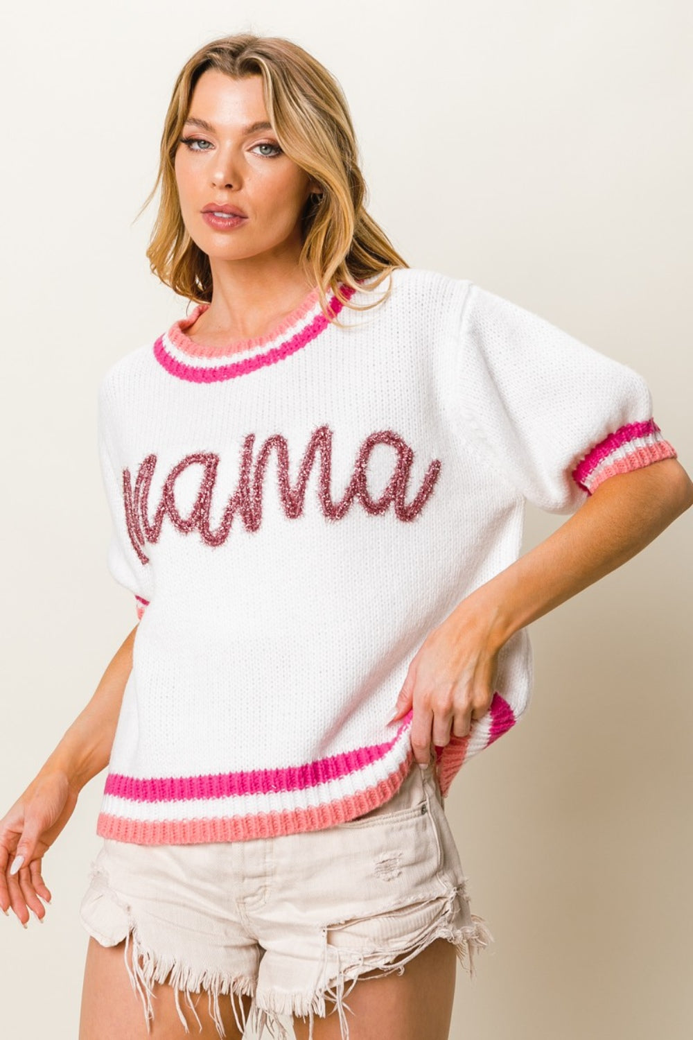 KESLEY MAMA Contrast Trim Short Sleeve Sweater