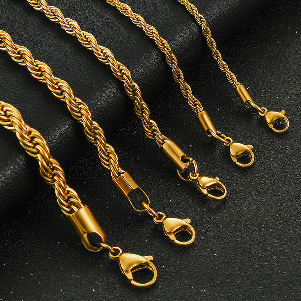 Rope Chain 18K Gold Plated Waterproof Jewelry Necklace Stainless Steel Never Fade