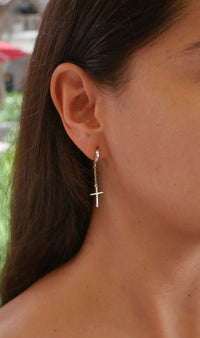 Cross Chain Drop Hoop  Earrings, .925 sterling silver Huggie Hoop Earrings