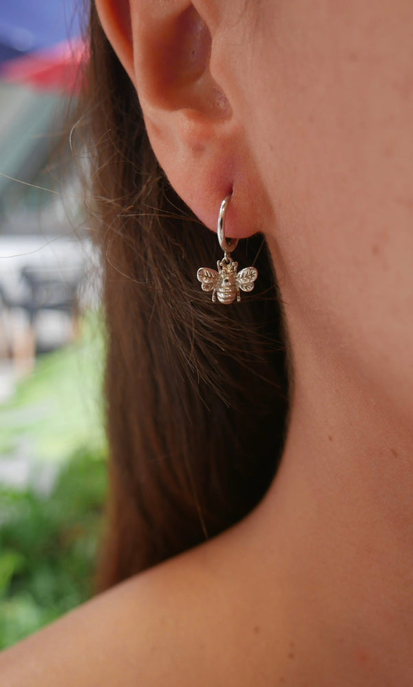 bee hoop earrings, small bee earrings, hoop earrings with bee, earrings with bee charm, small hoop earrings with bee charm Kesley Boutique