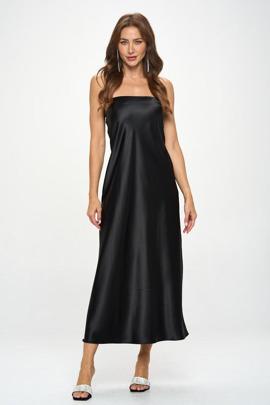 Black Strapless Satin Maxi Dress New Women's Fashion Made in USA Formal Silky Satin Tube Draped Dress.