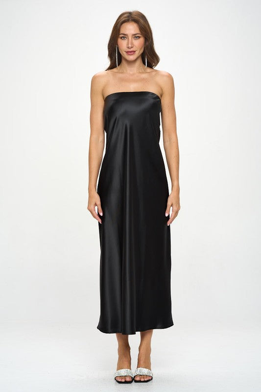 Black Strapless Satin Maxi Dress New Women's Fashion Made in USA Formal Silky Satin Tube Draped Dress.