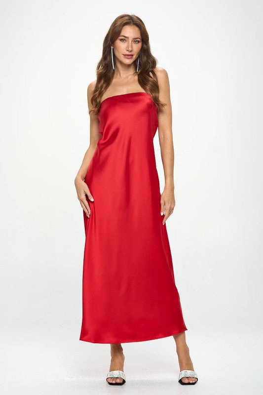 Red Strapless Satin Maxi Dress New Women's Fashion Formal Elegant Made in USA Silky Satin Tube Draped Dress