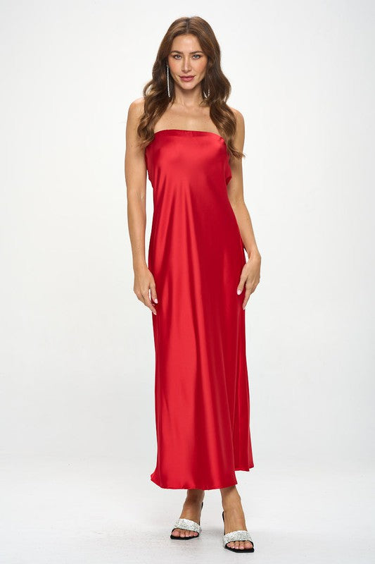 Red Strapless Satin Maxi Dress New Women's Fashion Formal Elegant Made in USA Silky Satin Tube Draped Dress