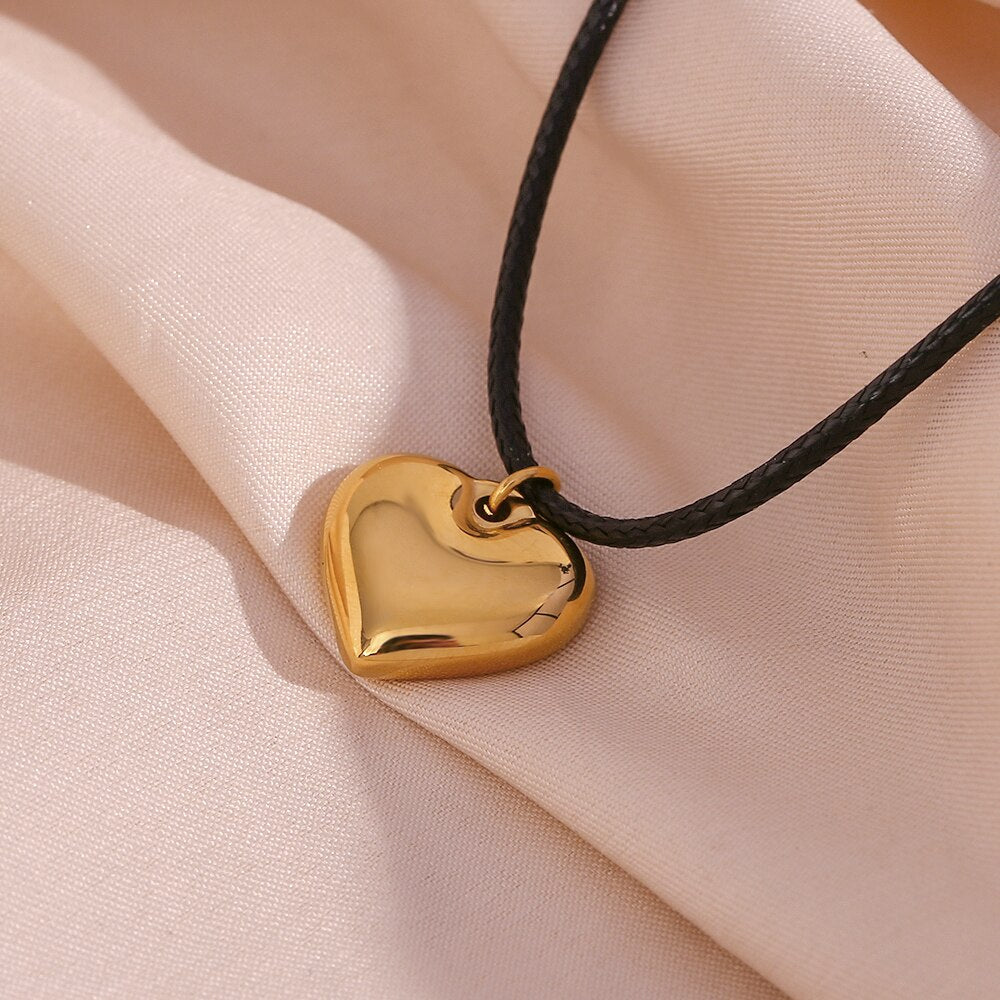 KESLEY Heart On a Black Cord Rope Necklace Waterproof Hypoallergenic Jewelry