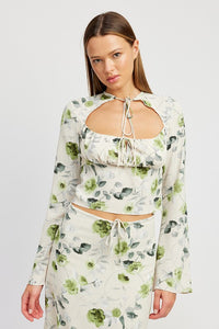 FLORAL BLOUSE WITH NECK TIE Long Sleeve Green Floral Flare Sleeve Shirt