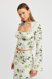FLORAL BLOUSE WITH NECK TIE Long Sleeve Green Floral Flare Sleeve Shirt