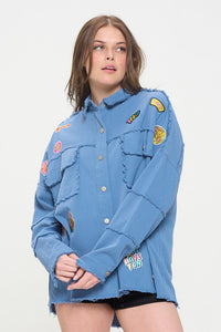 PATCHWORK FRAYED HEM BUTTON DOWN COLLARED TOP