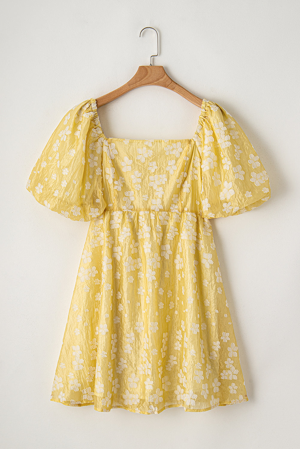 Yellow Boho Flower Jacquard Puff Sleeve Square Neck Mini Dress