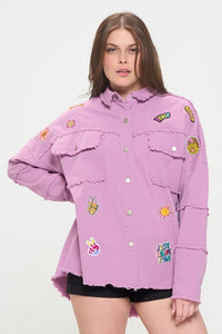 PATCHWORK FRAYED HEM BUTTON DOWN COLLARED TOP