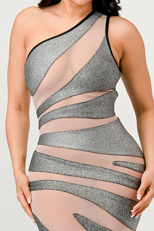 Metallic Bandage Mesh Insert Dress See Through Sexy Silver Tight Long Dress KESLEY